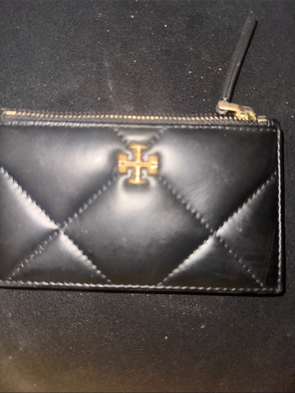 Tory Burch Black Quilted Leather Zip Wallet with Gold Logo Accent